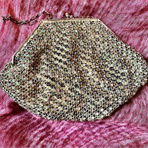 RARE Antique Rhinestone Mesh Kiss Lock Evening Bag Purse Wristlet Clutch - Picture 4 of 7